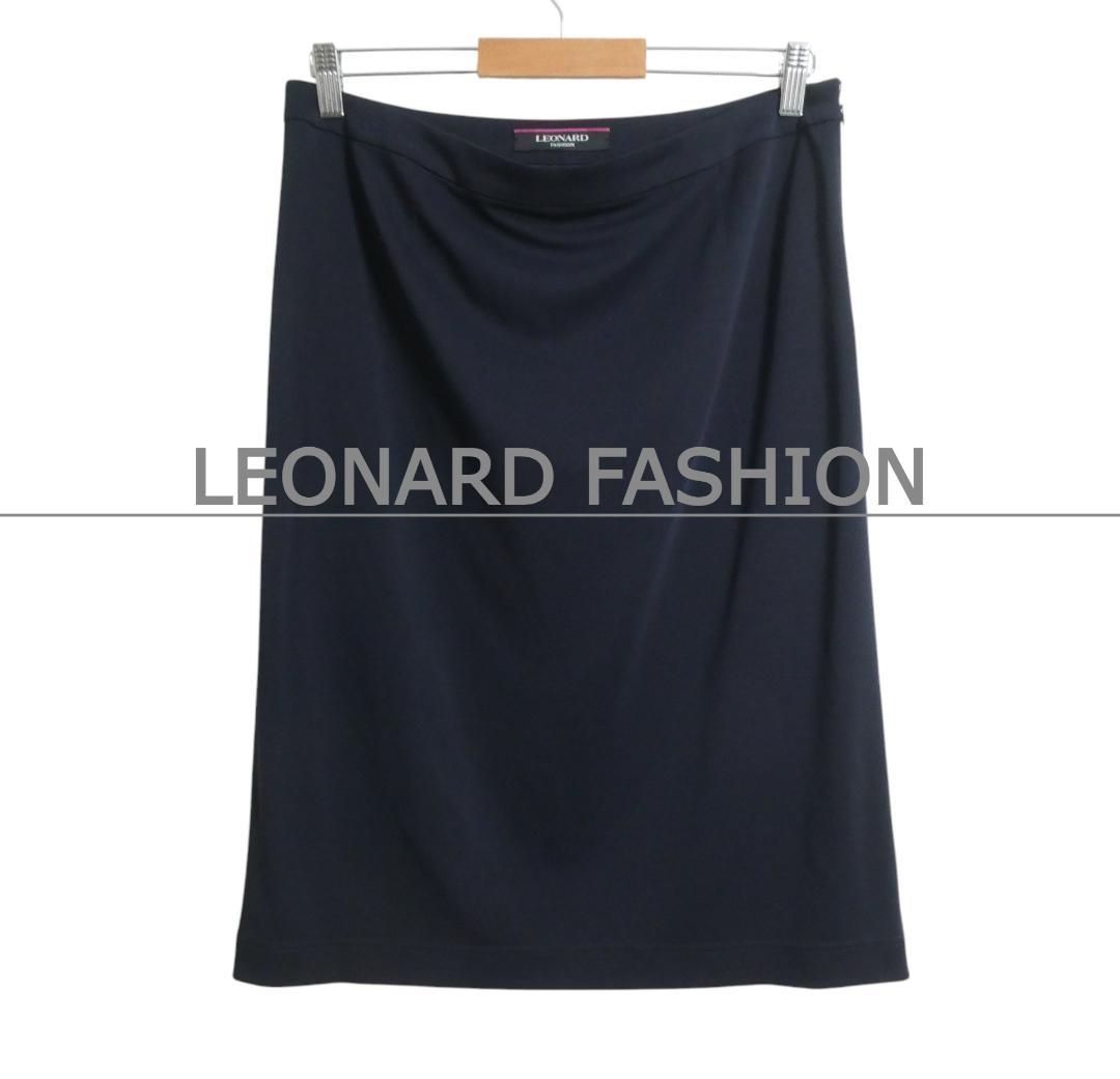 LEONARD FASHION レオナールファッション サイズ44 アセテート ポリエステル とろみ 膝丈 ミディ丈 タイトスカート 紺 ネイビー レディース