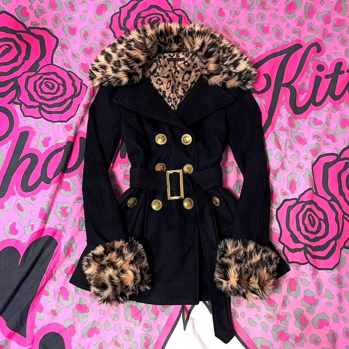 姉ギャル ゴールド レオパード ファー ベルト付き コート 日本 ヴィンテージ y 2 k ピンターカル 90 s