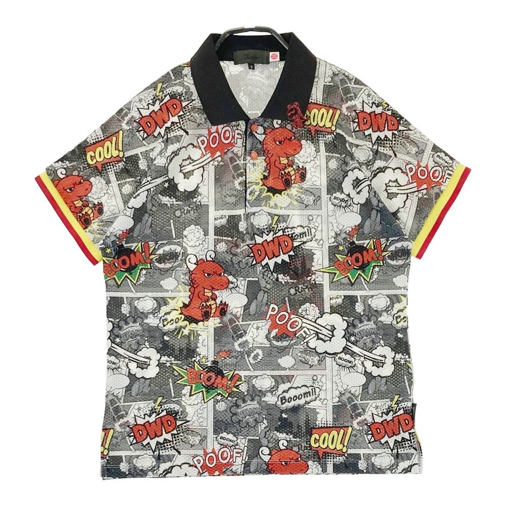 サイズ 3 DANCE WITH DRAGON ダンスウィズドラゴン 半袖ポロシャツ メッシュ 総柄 ブラック系 ゴルフウェア メンズ ストスト