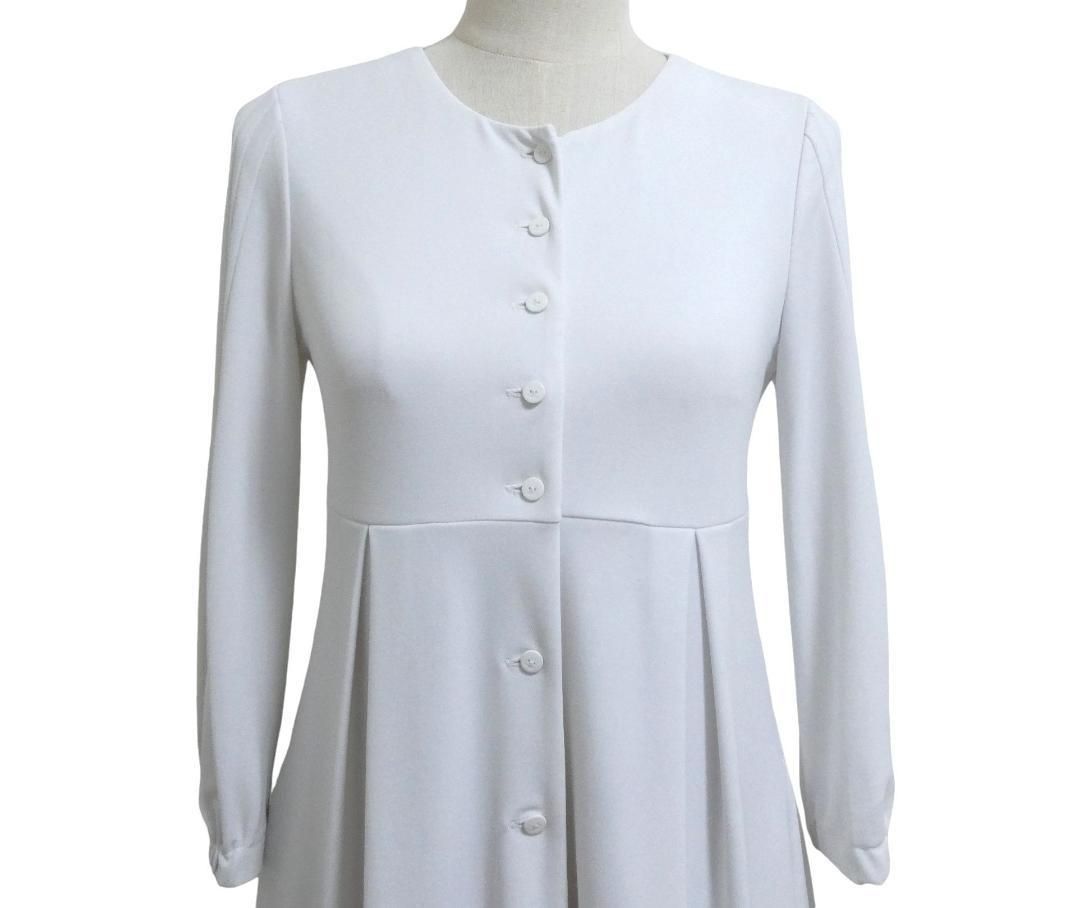 FOXEY YORK フォクシーニューヨーク サイズ38 ポリエステル ストレッチ 膝丈 七分袖 クルーネック ニット シャツワンピース ドレス 白 ホワイト レディース