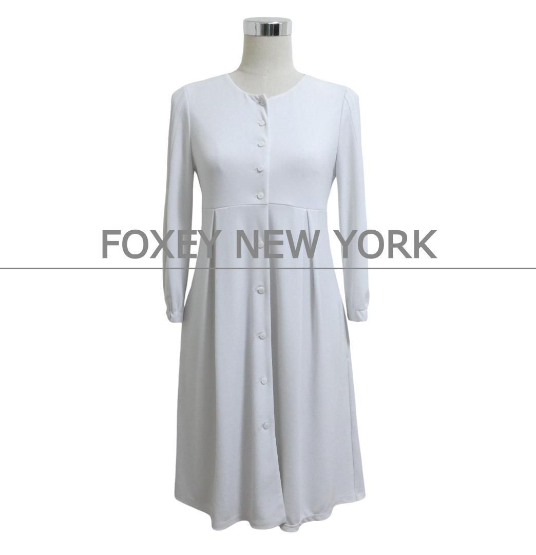 FOXEY YORK フォクシーニューヨーク サイズ38 ポリエステル ストレッチ 膝丈 七分袖 クルーネック ニット シャツワンピース ドレス 白 ホワイト レディース