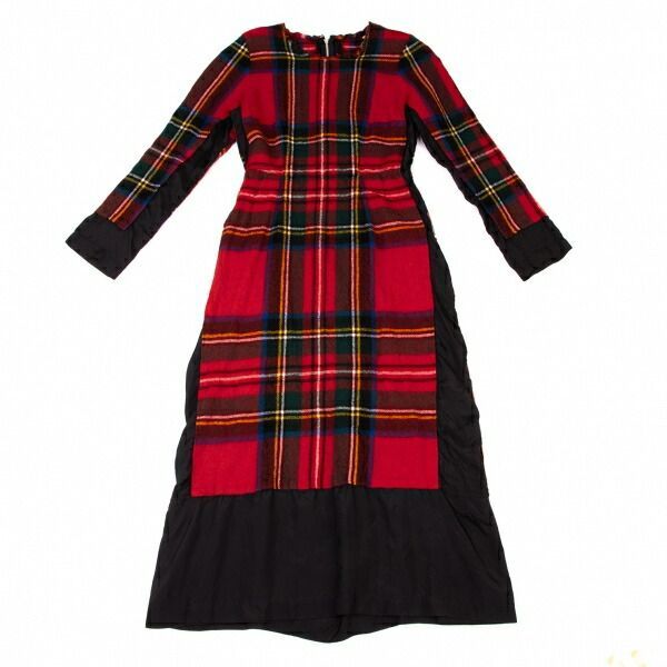 コムデギャルソンCOMME des GARCONS ウール縮絨タータンチェック切替ワンピース 赤マルチS