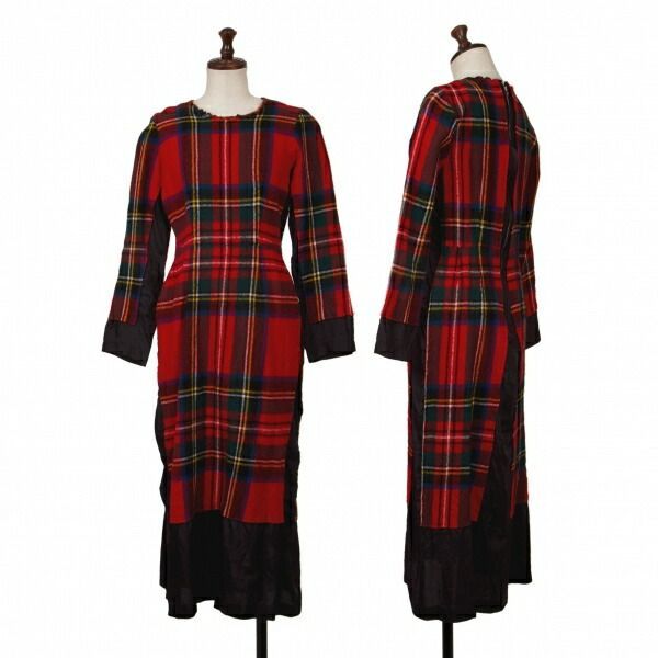 コムデギャルソンCOMME des GARCONS ウール縮絨タータンチェック切替ワンピース 赤マルチS