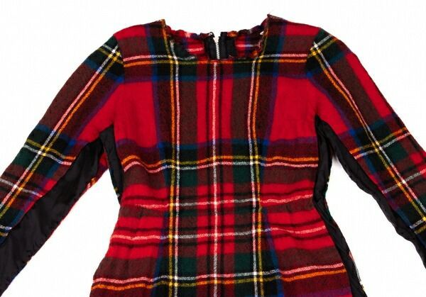 ウール縮絨タータンチェック切替ワンピース 赤マルチS