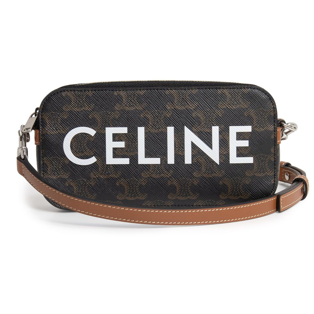 セリーヌ ホリゾンタル ポーチ ショルダーバッグ 斜め掛け トリオンフキャンバス レザー タン ブラウン シルバー金具 CELINE ♥品