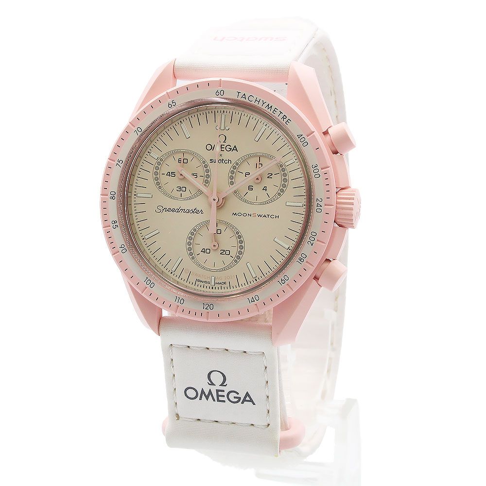 オメガ Swatch スウォッチ ミッション オン ヴィーナス MISSION ON VENUS スピードマスター ムーンスウォッチ クロノグラフ 腕時計 ナイロン バイオセラミック パステルピンク ホワイト OMEGA ♥ 展示品