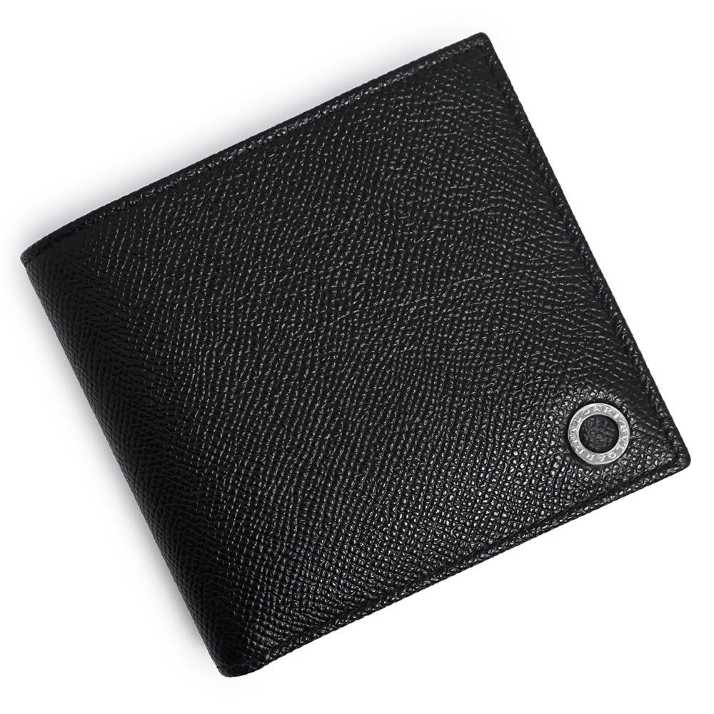 ブルガリ 30396 マン 二つ折り財布 グレインカーフレザー ブラック ブルー シルバー金具 BVLGARI ♥品