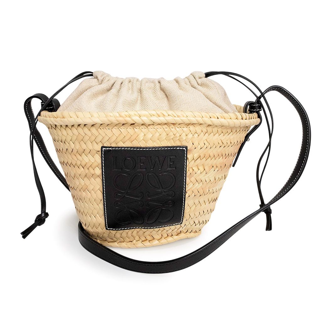ロエベ ドローストリング バケット かご ショルダーバッグ 斜め掛け パームリーフ ヤシの葉 カーフスキン レザー ナチュラル ベージュ ブラック シルバー金具 LOEWE ♥ 展示品