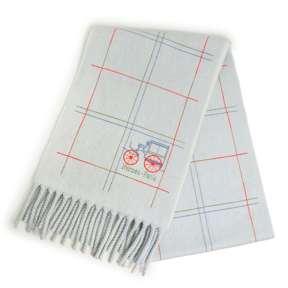 エルメス クラン ブロデ ベルリンヌ マフラー フリンジ カシミヤ 100％ グリ ドゥ ノード グレー HERMES ♥品