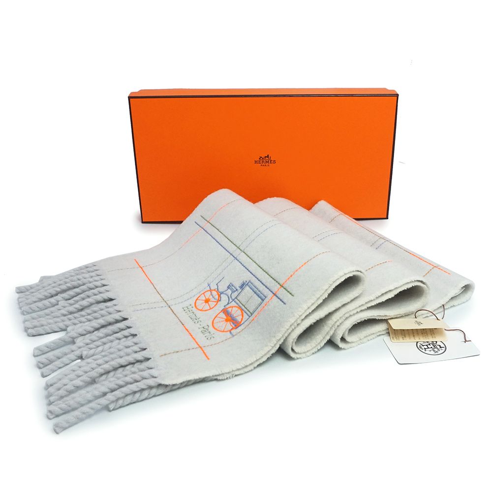 エルメス クラン ブロデ ベルリンヌ マフラー フリンジ カシミヤ 100％ グリ ドゥ ノード グレー HERMES ♥品