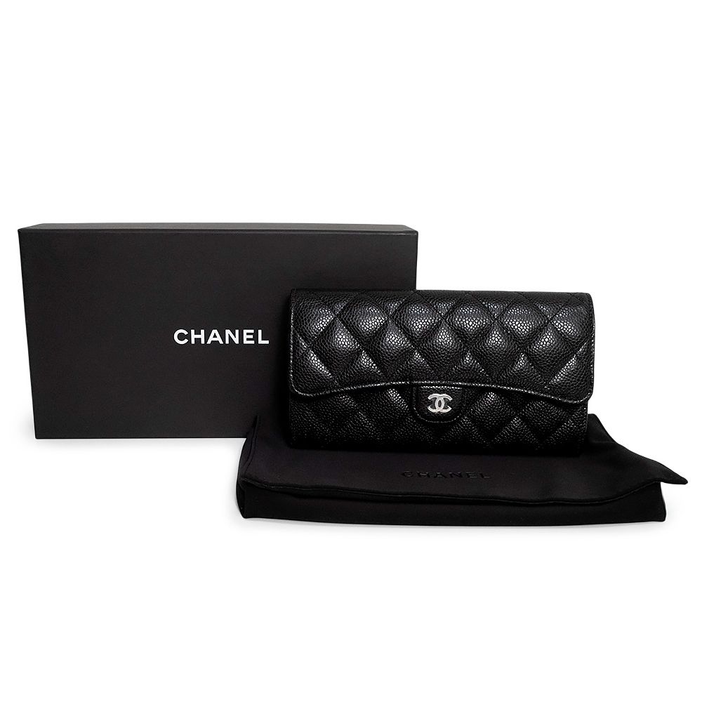 シャネル AP 0241 マトラッセ クラシック ロング フラップウォレット 二つ折り長財布 キャビアスキン レザー ブラック シルバー金具 CHANEL ♥ 展示品