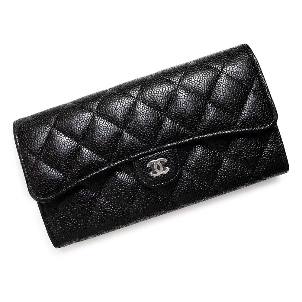 シャネル AP 0241 マトラッセ クラシック ロング フラップウォレット 二つ折り長財布 キャビアスキン レザー ブラック シルバー金具 CHANEL ♥ 展示品