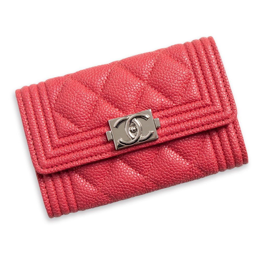 シャネル A 80603 ボーイシャネル フラップ カードケース 名刺入れ 定期入れ パスケース マットキャビアスキン レザー レッド シルバー金具 CHANEL ♥品