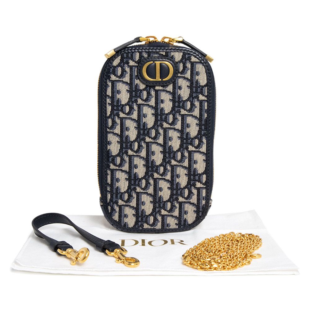 クリスチャンディオール 30 Montaigne Call in Dior フォンホルダー チェーン ショルダーバッグ 携帯 スマートフォンケース オブリーク ジャカード レザー ネイビー Christian ♥ 展示品
