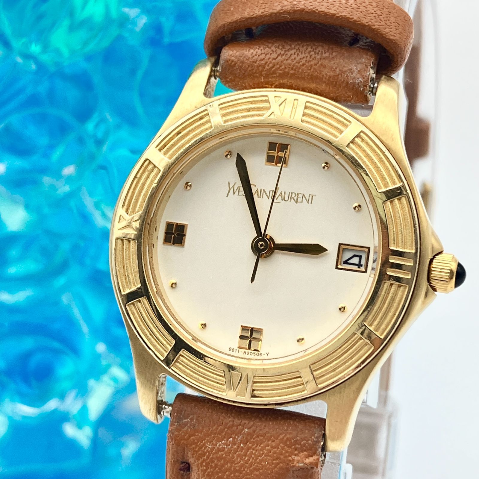 イヴサンローラン YSL 9611 H 12018 腕時計 クォーツ ゴールド ヴィンテージ アンティーク デイト ブラウン 茶色 革ベルト レトロ レディース