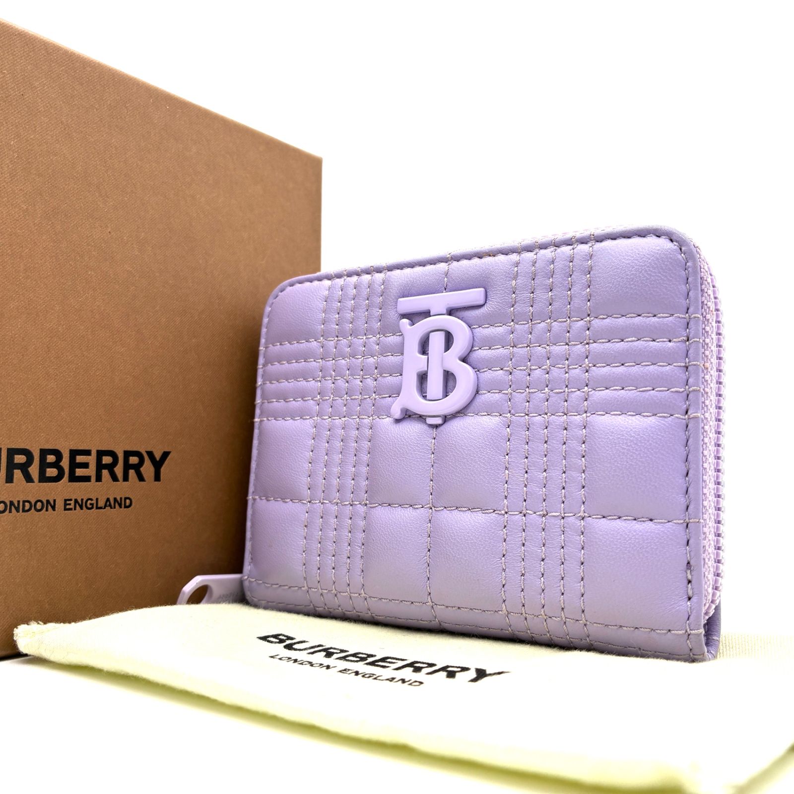 ♥級 付属品有り BURBERRY バーバリー ローラ コインケース キルティング TB パープル コンパクトウォレット レディース メンズ レザー 本革 ラウンドファスナー
