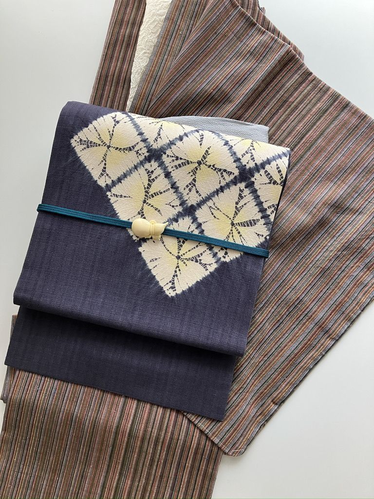 結城紬 茶系×カラフル縞模様 袷 正絹 証紙なし［K187］ - メルカリ