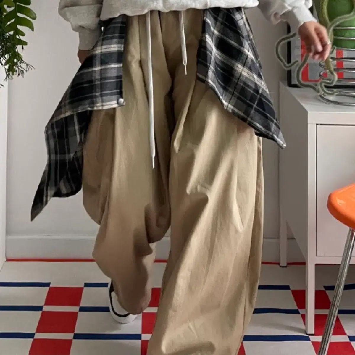チェック ベージュ ワイド バルーン パンツ
