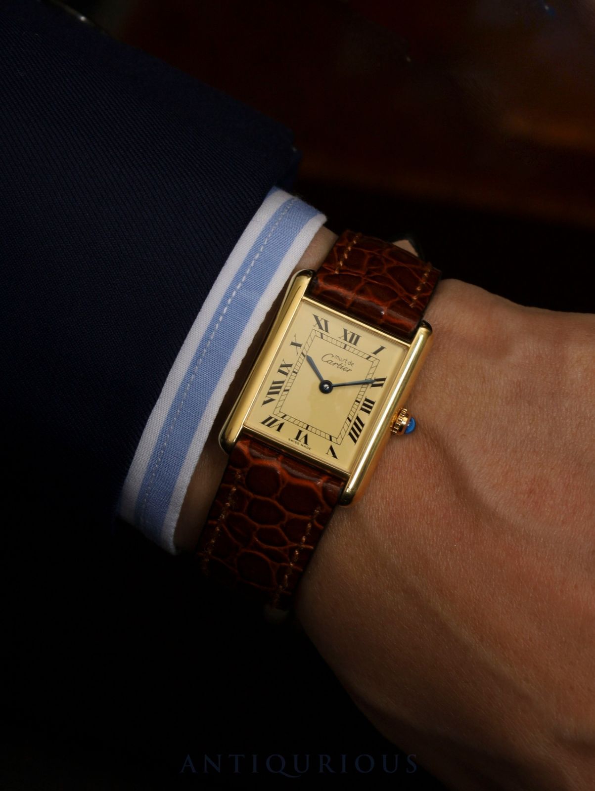 カルティエ マストタンク LM 590005 クォーツ Cal 690 SV 925 革 尾錠 GP アイボリーローマン文字盤 SWISS MADE表記 オーバーホール済み 再メッキ済み