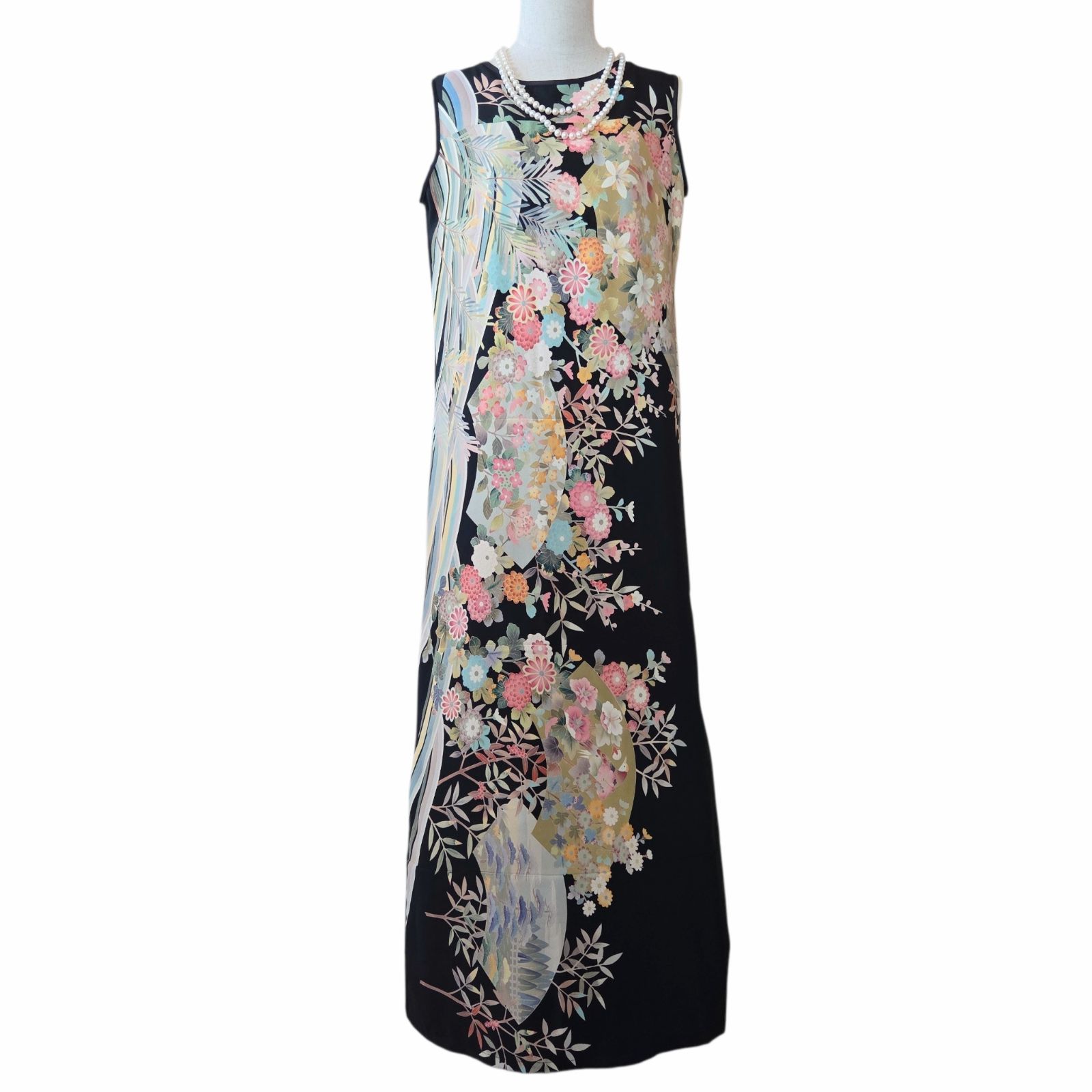 おかべ　着物リメイク　ワンピース　友禅　作家物　黒留袖　ロング　フレア 着物リメイクフレアラインワンピース友禅作家物黒留袖ドレスロング