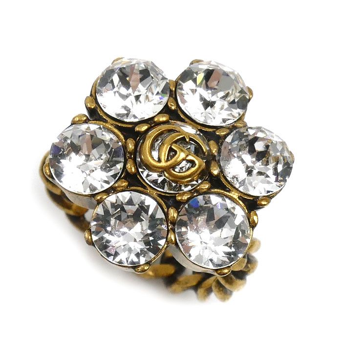 GUCCI グッチ メタル ラインストーン ダブルG フラワー リング 指輪 645686 12号 レディース