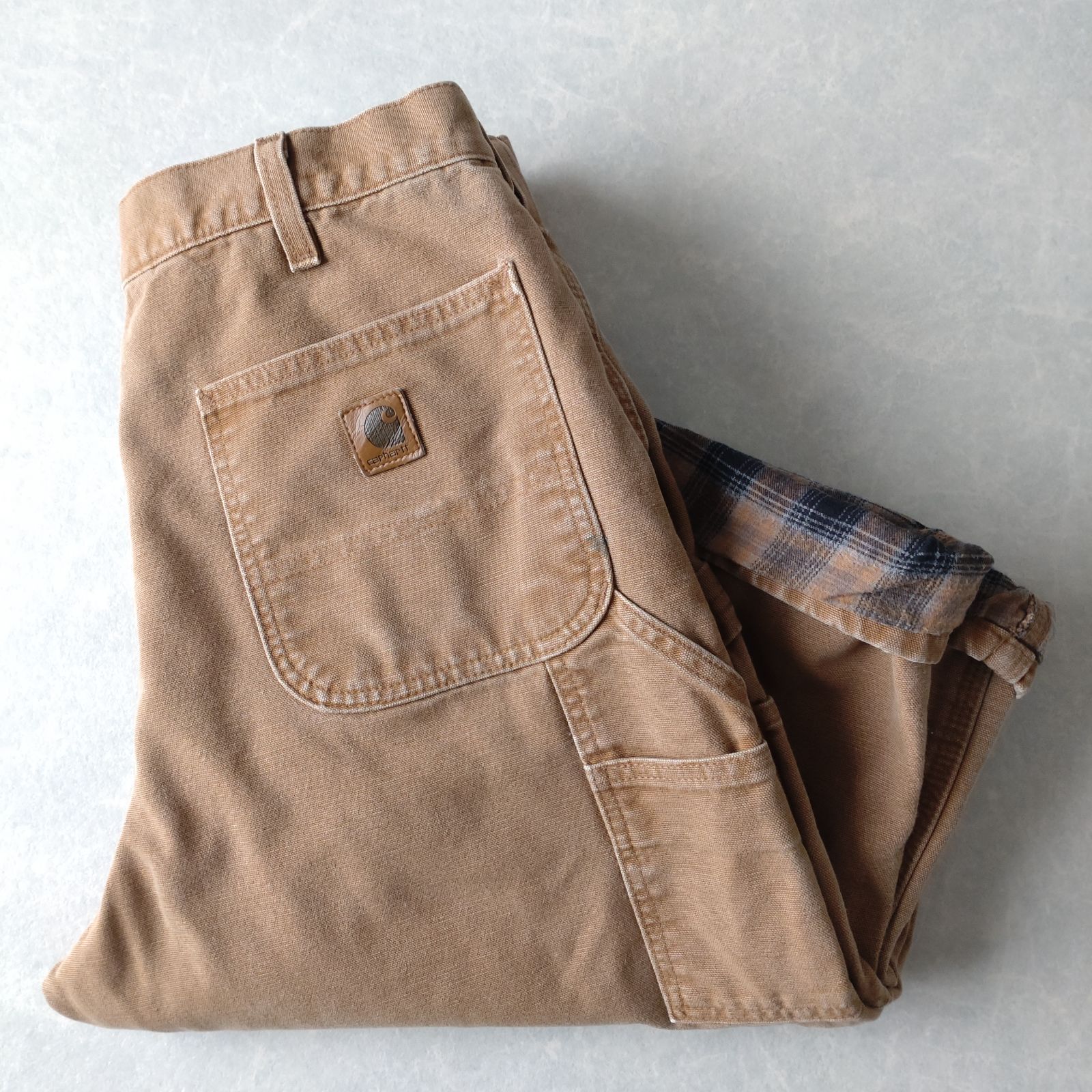 S*B様 カーハート　ダック地　裏地フランネル　ペインターパンツ　古着　モスグリ □古着 Carhartt カーハート ペインターパンツ ダック フランネル
