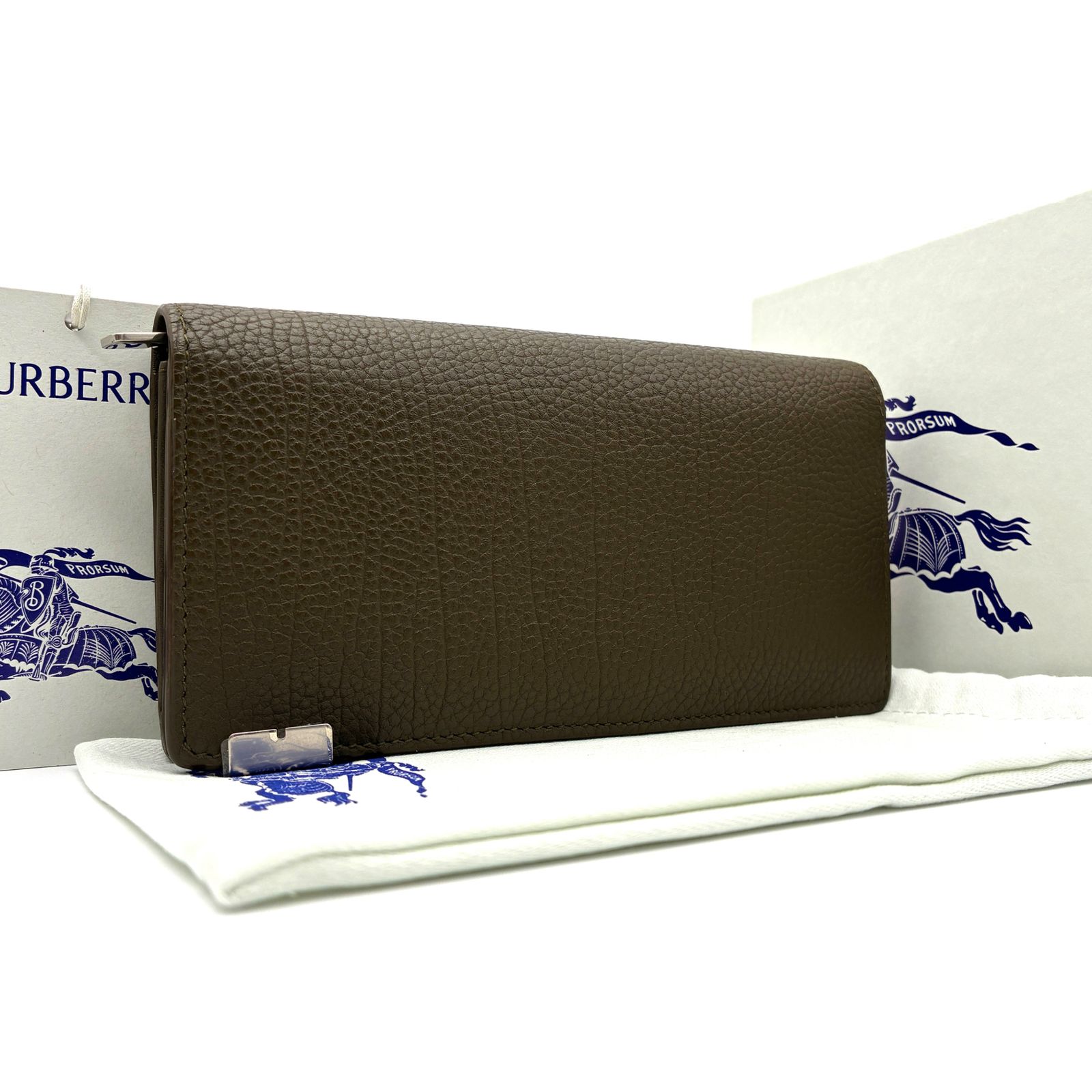 ♥保管品 付属品完備 バーバリー Bカット コンチネンタルウォレット 長財布 折り財布 メンズ レディース カーキ ブラウン系 レザー 本革 シボ革