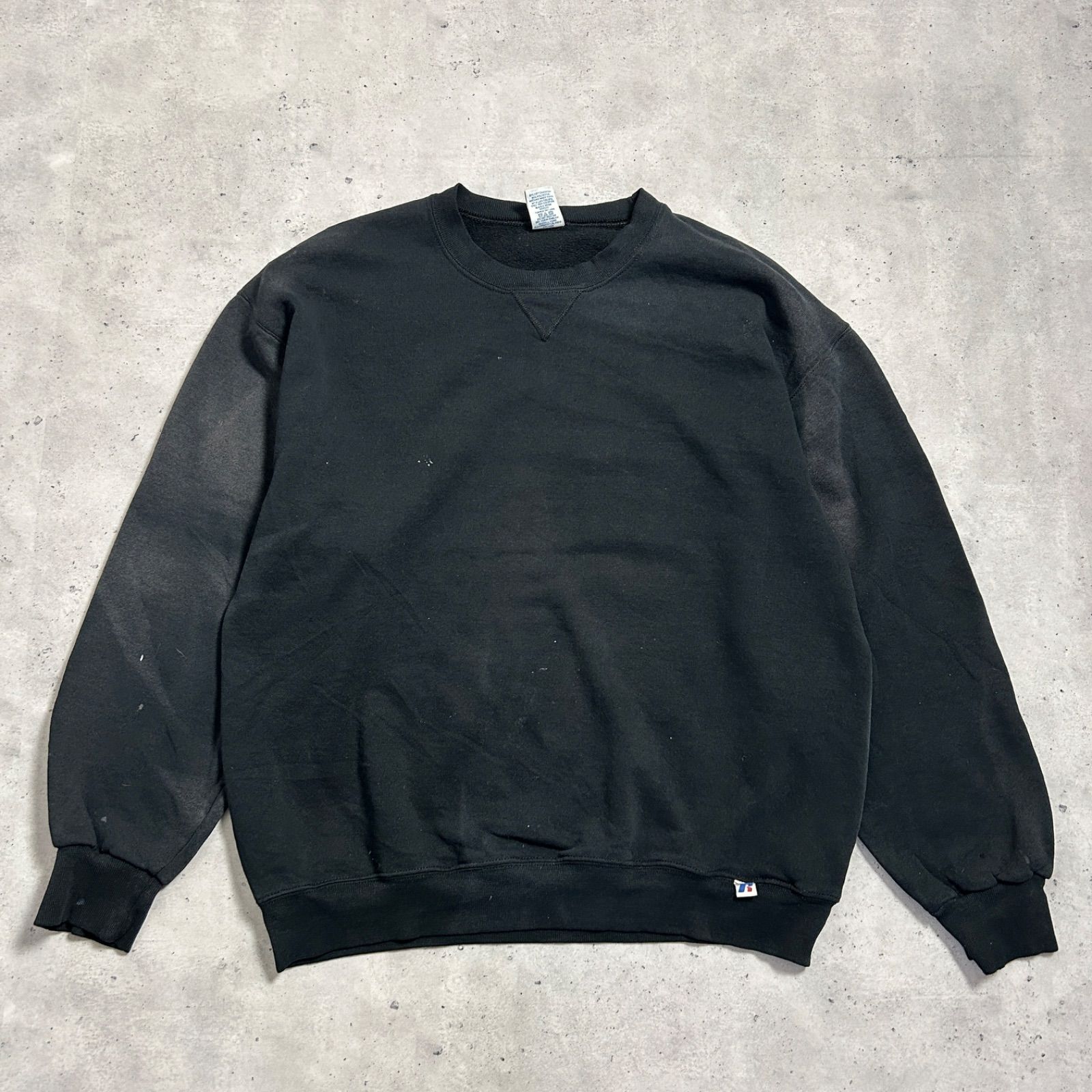 貴重80sラッセル3段プリント前Vナンバリング入りスウェットUSA製ブラック黒L 貴重80sラッセル3段プリント前Vナンバリング入りスウェットUSA製