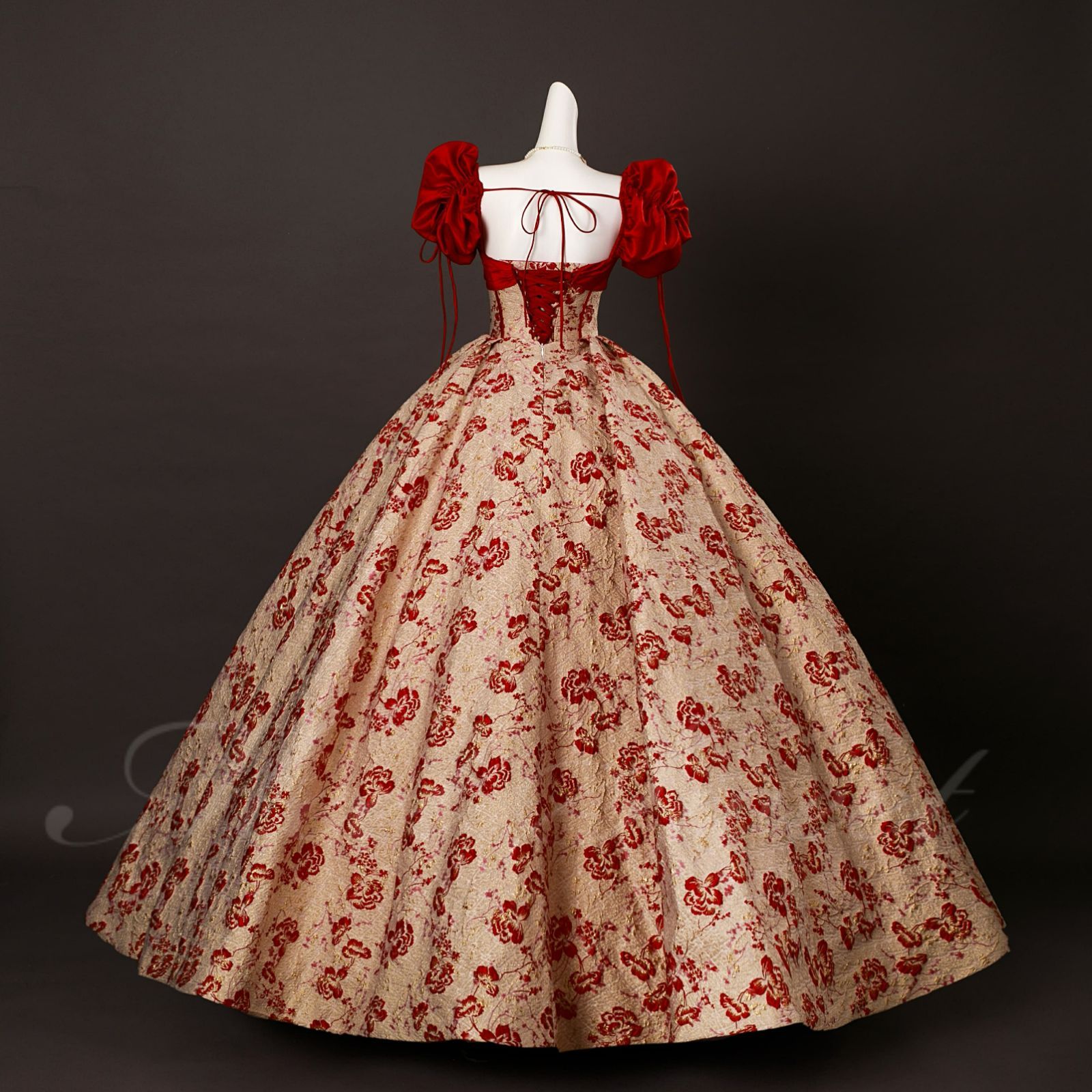 演奏会ドレス 袖あり 花柄 レッド 和風柄 赤 半袖 カラーロングドレス ステージドレス ロングドレス ステージ衣装 演奏会 発表会 大人 高校生 ピアノ発表会 結婚式 二次会 Aライン プリンセスドレス 舞台衣装 イブニングドレス コンサート かわいい