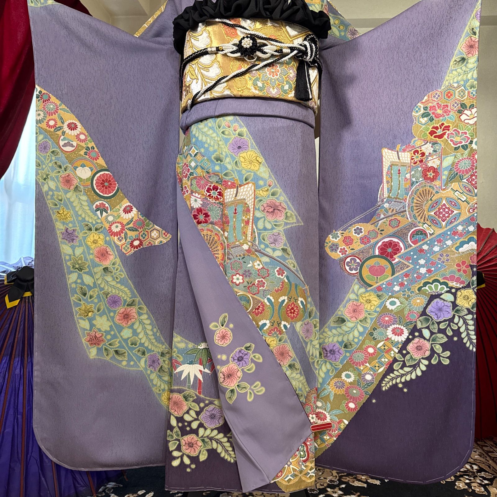 振袖 長襦袢 刺繍入り半襟 重ね襟 新品袋帯 帯揚げ 帯締めセット 振袖 長襦袢 刺繍入り半襟 重ね襟 新品袋帯 帯揚げ 帯締めセット 花柄