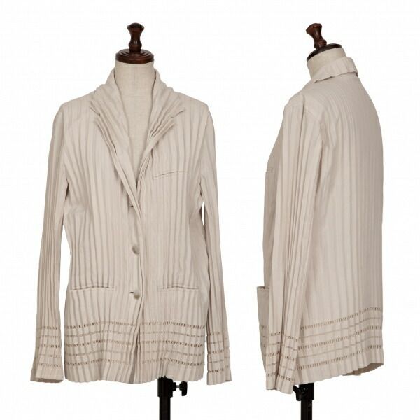 ISSEY MIYAKEレース切替 ジャケット ベージュ サイズ2 日本製 イッセイミヤケISSEY MIYAKEレース切替プリーツジャケット ベージュM