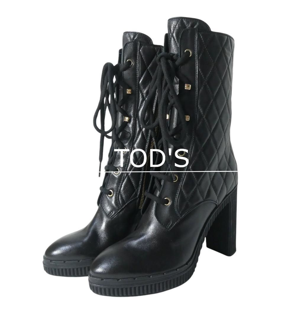TOD S トッズ サイズ約24 cm レザー キルティング レースアップ アーモンドトゥ チャンキーヒール ハイヒール ショートブーツ ミドルブーツ ブーティ 黒 ブラック レディース