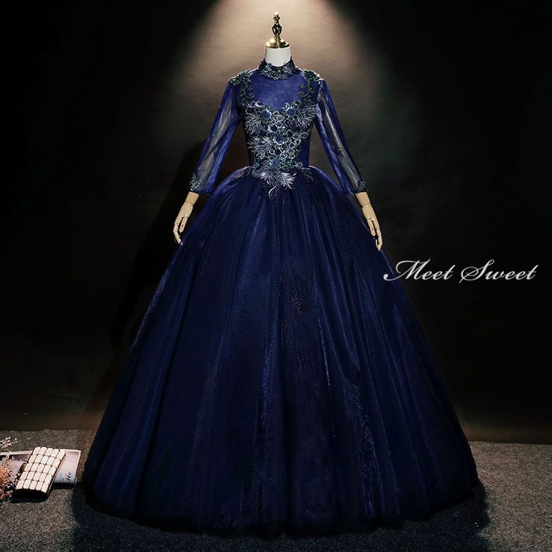 ウェディングドレス ウエディングドレス カラードレス 演奏会 ネイビー 長袖 ロングスリーブ ロングドレス コンサート パーティードレス 発表会ドレス 二次会ドレス プリンセスラインドレス ステージ衣装 舞台ドレス 30代 40代 50代 イブニングドレス