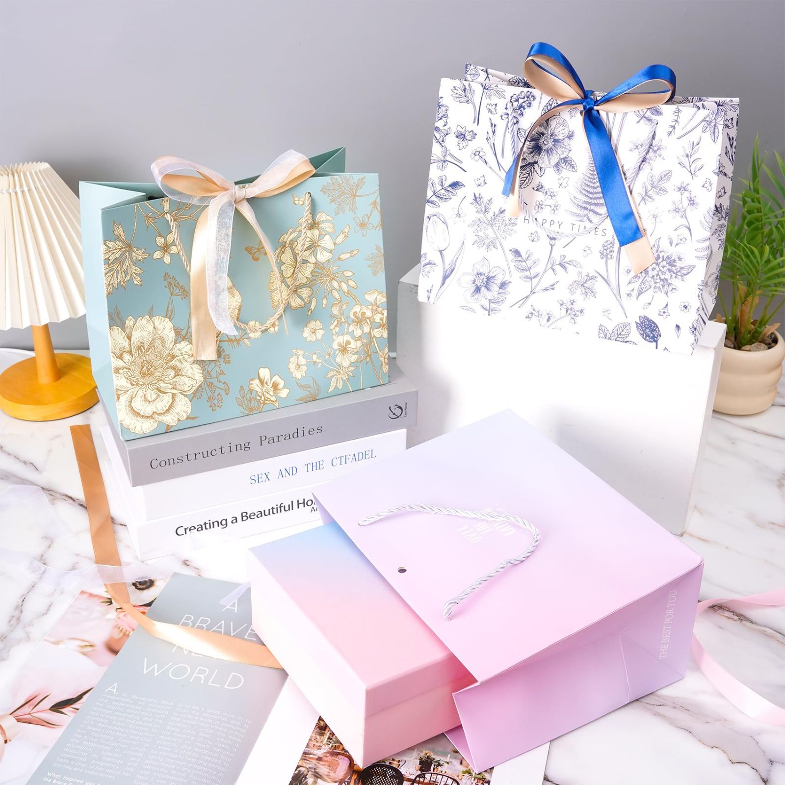 まもなく終了 ラッピング袋 ギフト紙袋 かわいい ギフトバッグ 花柄 リボン おしゃれラッピング袋 紙袋 手提げバッグ バレンタイン 25 20 12 cm Okurishining