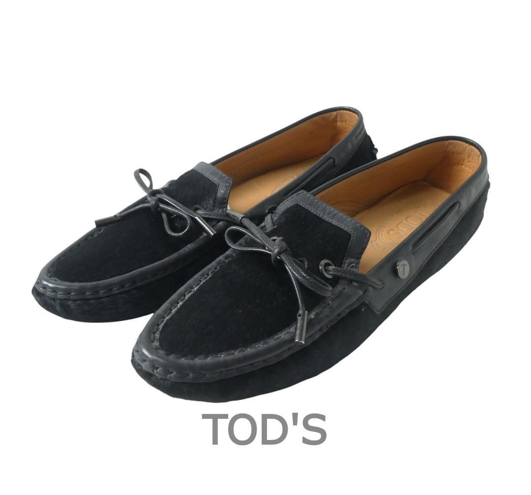 TOD S トッズ サイズ38 5 ハラコ レザー リボン ラウンドトゥ ローファー ドライビングシューズ モカシン 黒 ブラック レディース