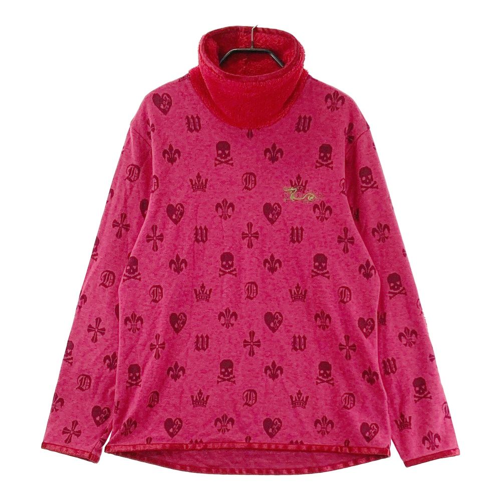 サイズ 2 DANCE WITH DRAGON ダンスウィズドラゴン タートルネック ニットセーター ボア ロゴ総柄 レッド系 ゴルフウェア メンズ ストスト