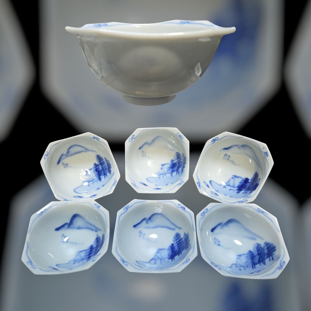 古伊万里 山水画染付六角小鉢 6客 小鉢 染付 手描き 時代物 鉢 古美術
