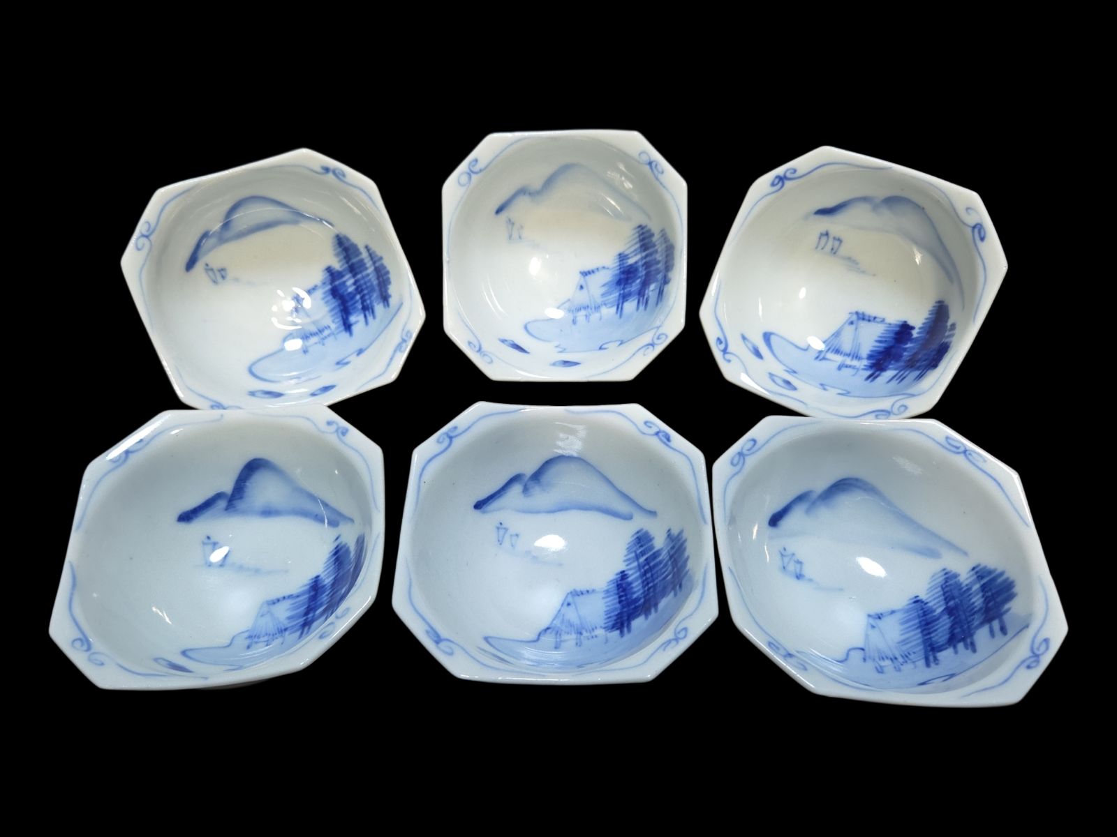 古伊万里 山水画染付六角小鉢 6客 小鉢 染付 手描き 時代物 鉢 古美術 骨董 アンティーク コレクション KA 26 出 4