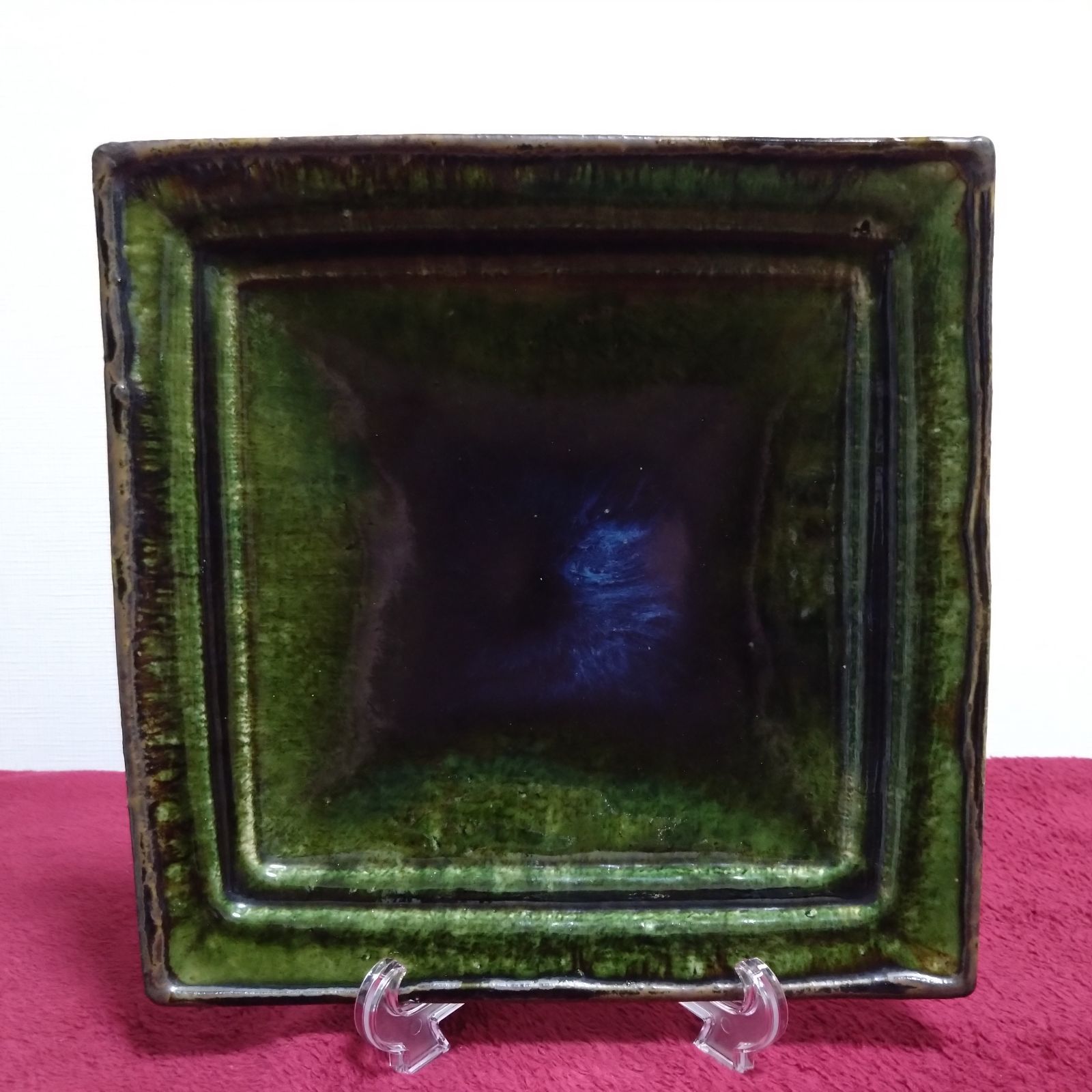 桐箱と中身不一致 作者不明 織部 仮 大皿 角皿 陶印あり