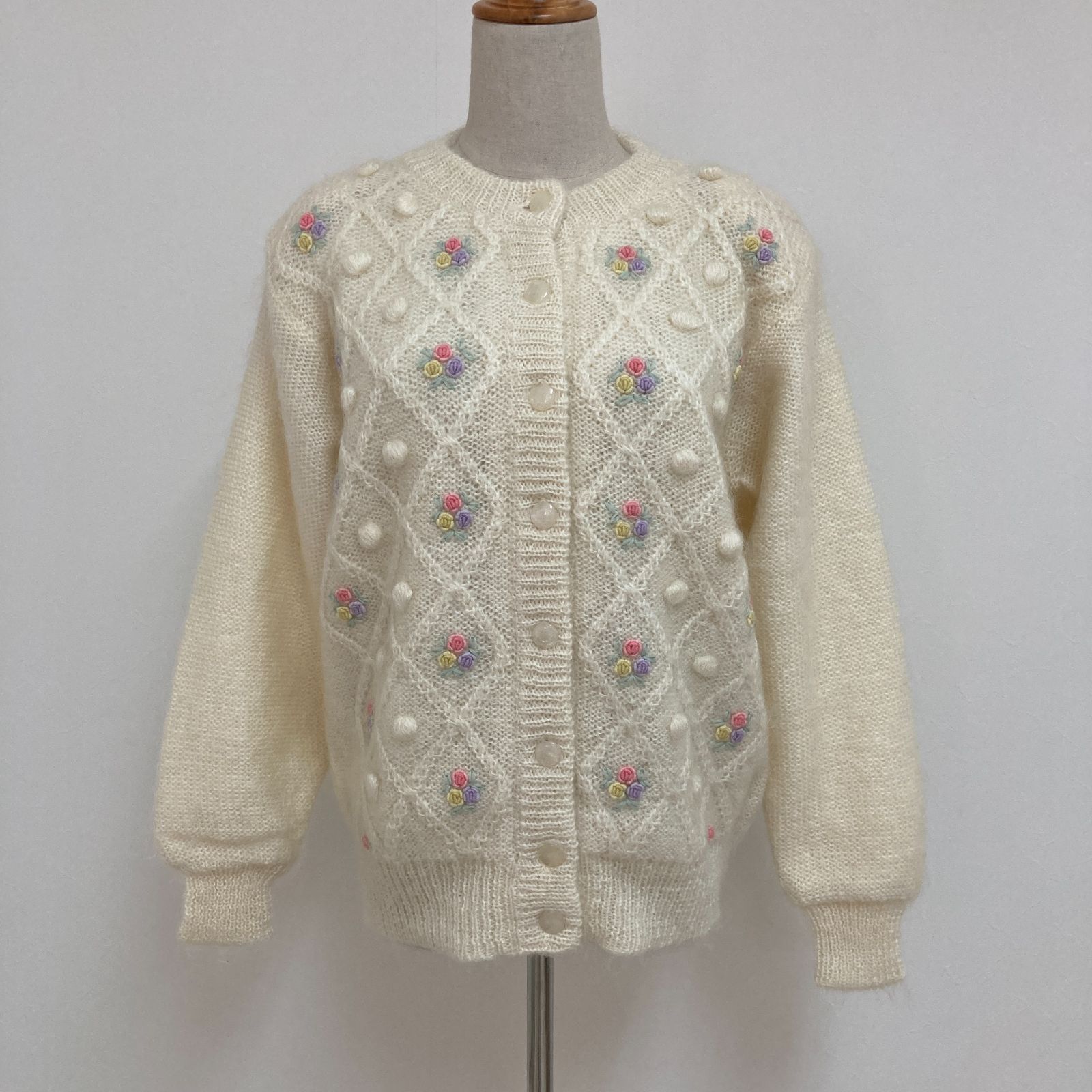 90 s ヴィンテージ フラワー刺繍 花柄 ニットカーディガン レディース Mサイズ ホワイト