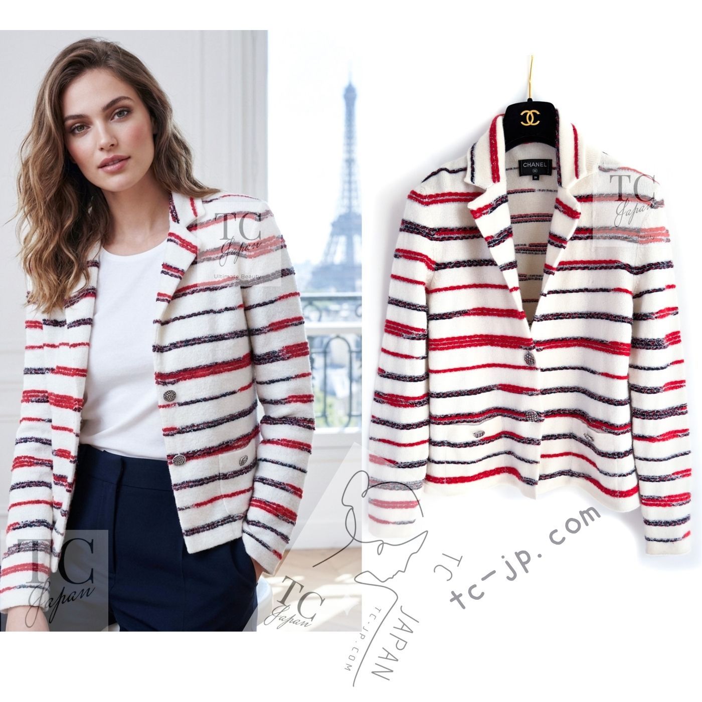 シャネル カーディガン CHANEL アイボリー レッド ボーダー トリミング 柔らか カシミア ニット ジャケット 44万 超 34 36