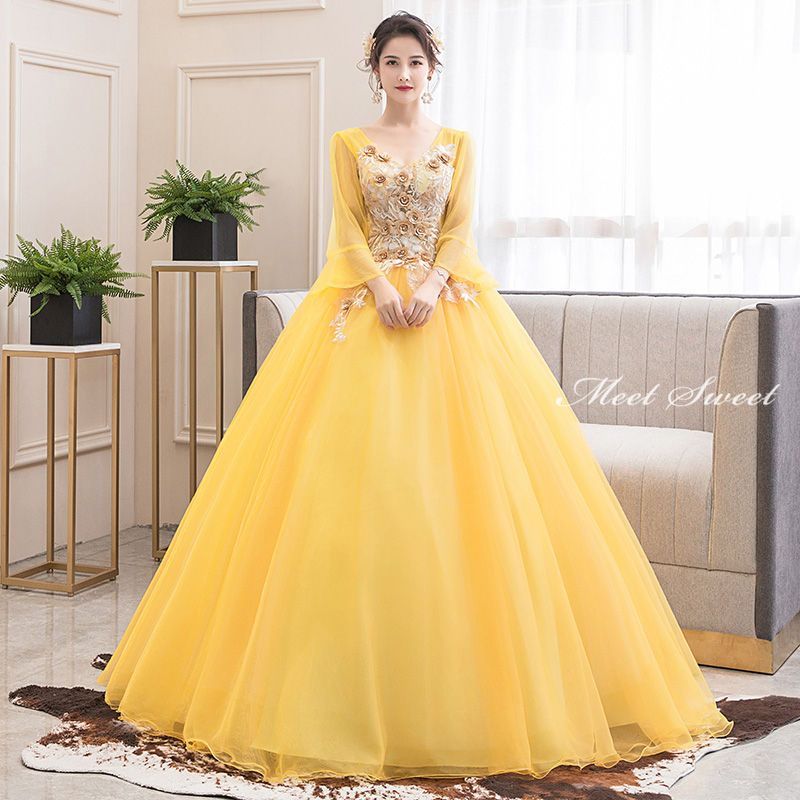 ウェディングドレス ウエディングドレス カラードレス 演奏会 ロングドレス コンサート パーティードレス 発表会ドレス カラーロングドレス 二次会ドレス プリンセスラインドレス 結婚式 ステージ衣装 イエロー 黄色 イブニングドレス 披露宴