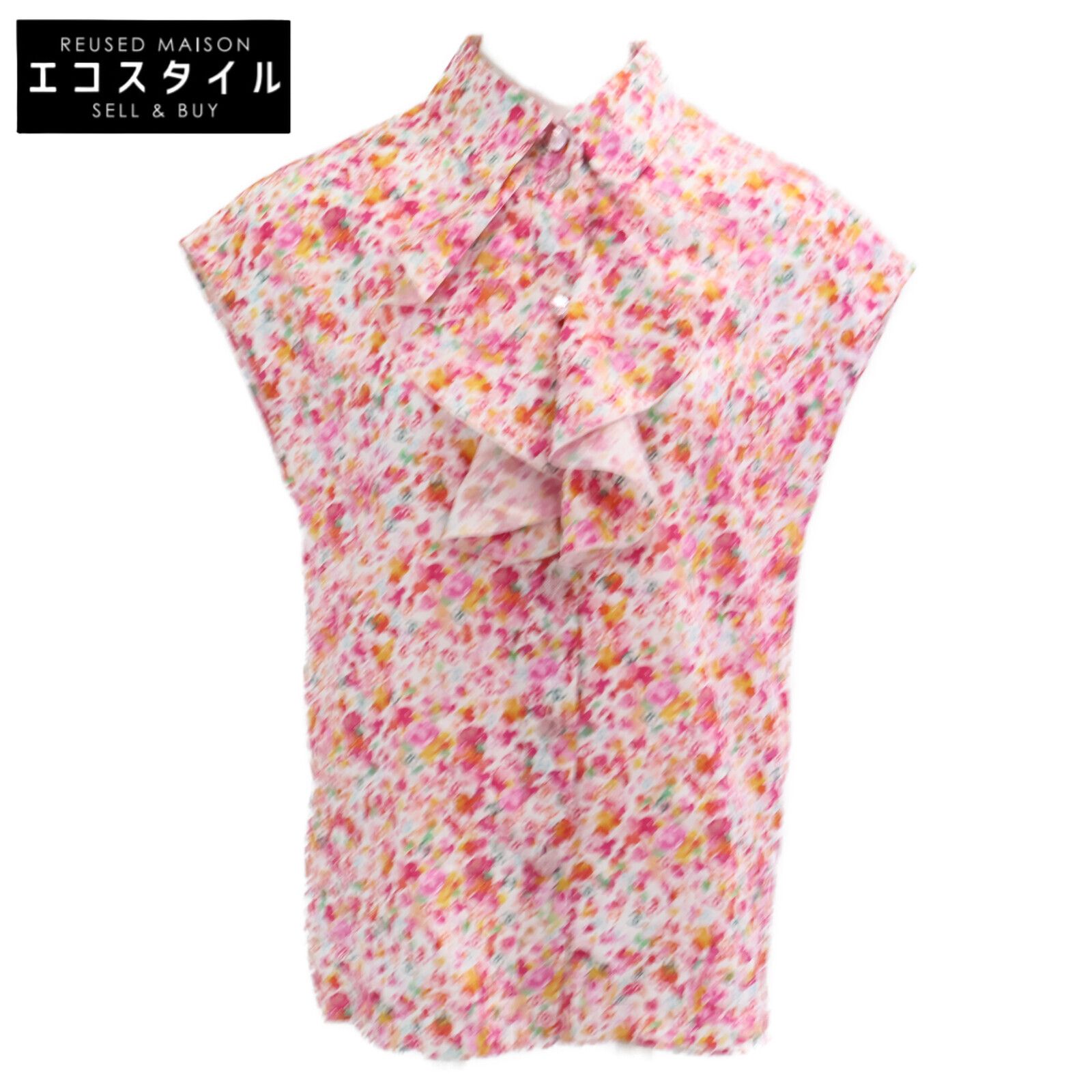 CHANEL シャネル 正規 25 SS CCｘフラワー 総柄 コットン シルク ノースリーブブラウス 34