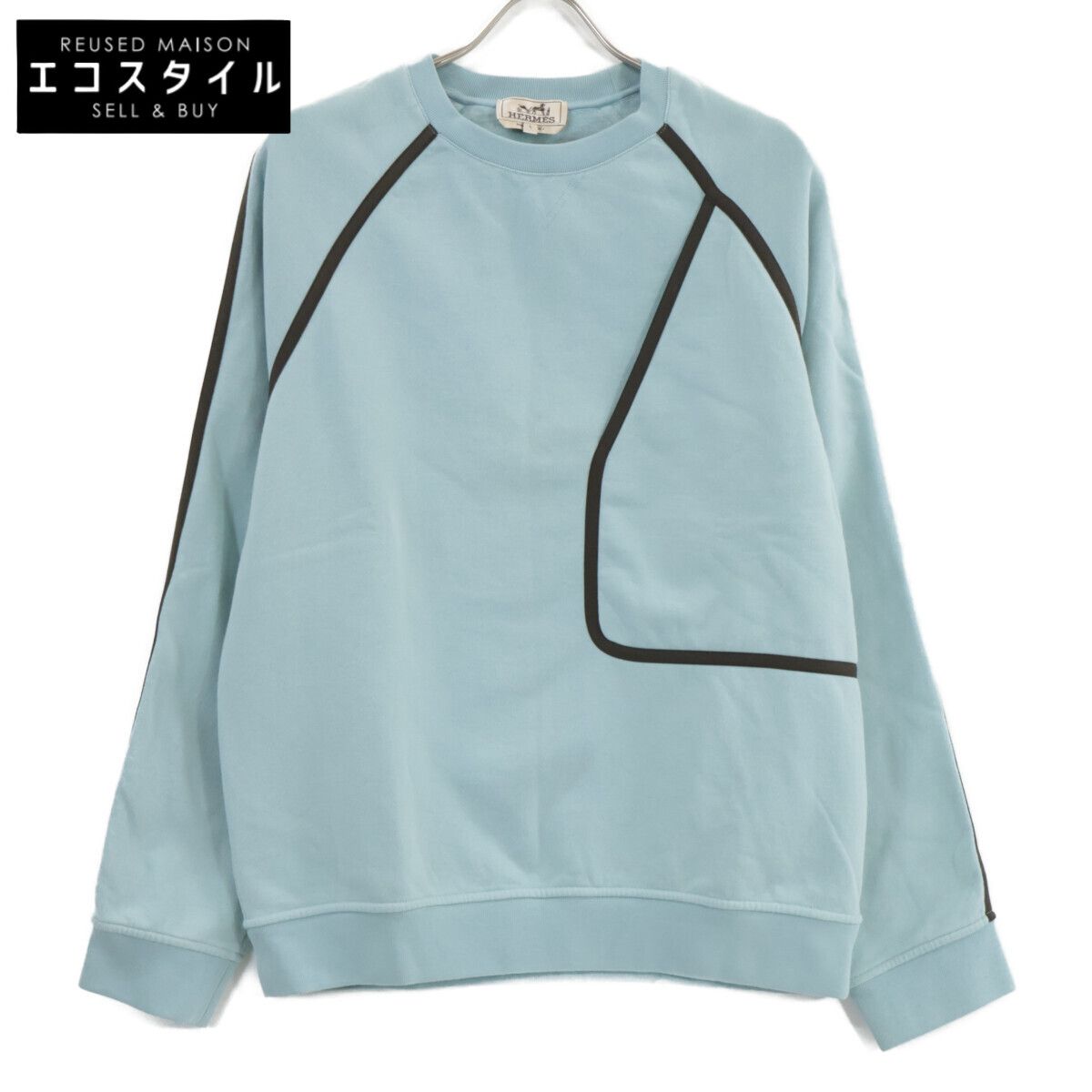 HERMES エルメス 21 AW ﾗｲﾄﾌﾞﾙｰ ｺｯﾄﾝ ﾍﾘﾝﾎﾞｰﾝﾊﾟｲﾋﾟﾝｸﾞ 裏起毛 ｸﾙｰﾈｯｸｽｳｪｯﾄﾌﾟﾙｵｰﾊﾞｰ L