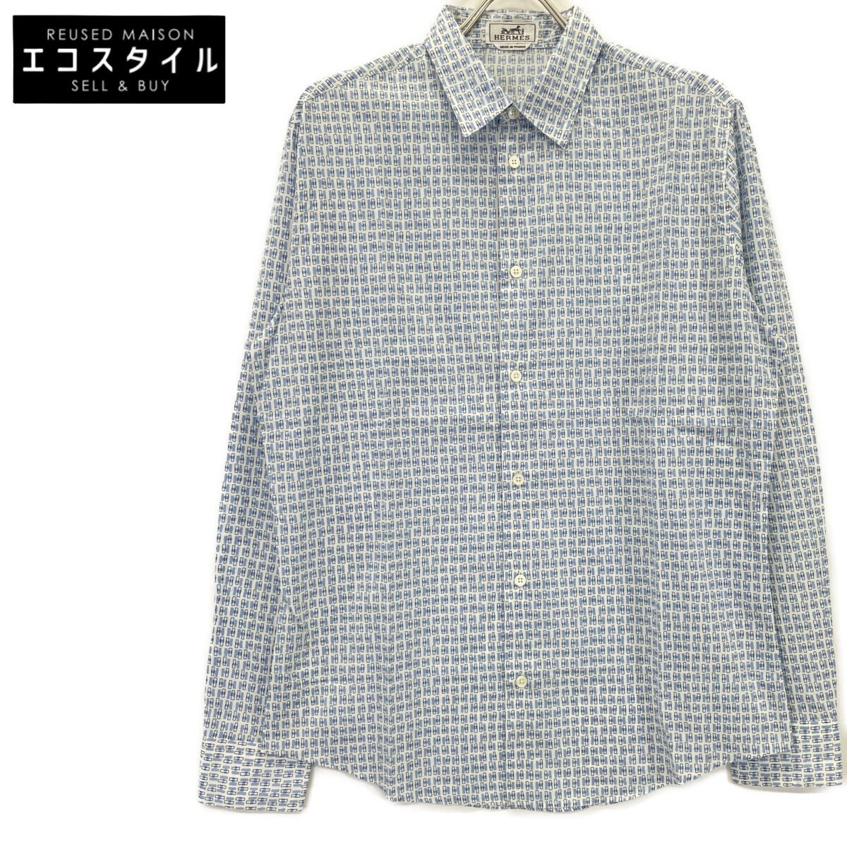 HERMES エルメス ﾌﾞﾙｰ ﾎﾜｲﾄ ｺｯﾄﾝ Hﾓﾁｰﾌ ｾﾘｴﾎﾞﾀﾝ ﾛﾝｸﾞｽﾘｰﾌﾞﾎﾞﾀﾝｼｬﾂ 40