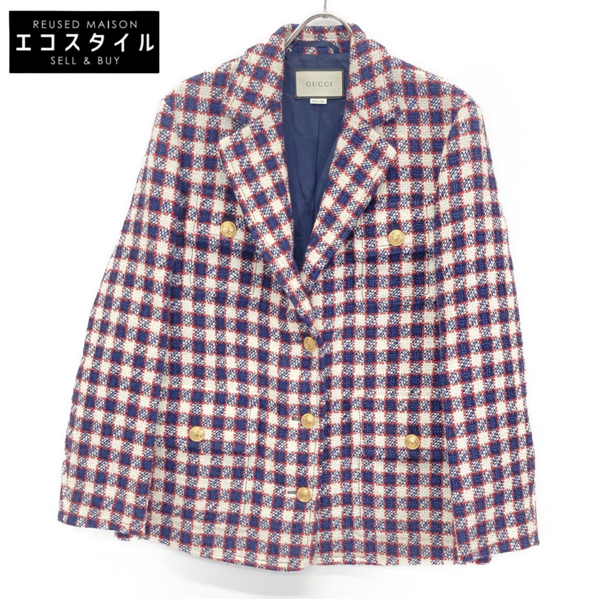 GUCCI グッチ 569132 19年 ﾚｯﾄﾞ ﾈｲﾋﾞｰ ﾎﾜｲﾄ 金ﾎﾞﾀﾝｼﾝｸﾞﾙﾂｲｰﾄﾞｼﾞｬｹｯﾄ 38