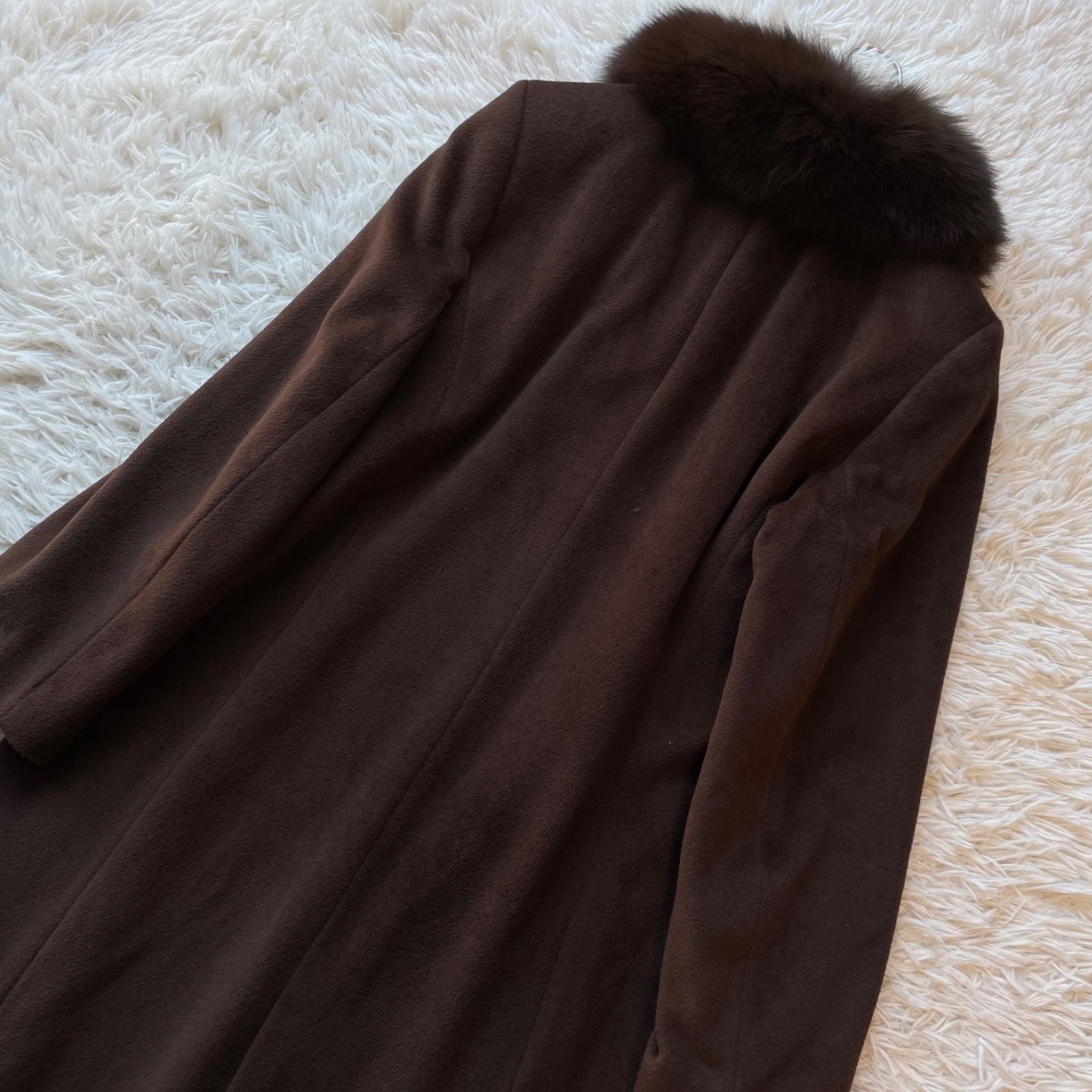 ヴィンテージ　アンゴラ　ブラウンファーコート ビーズ装飾付き フォックスファー付き2wayロングステンカラーコート アンゴラ ウール