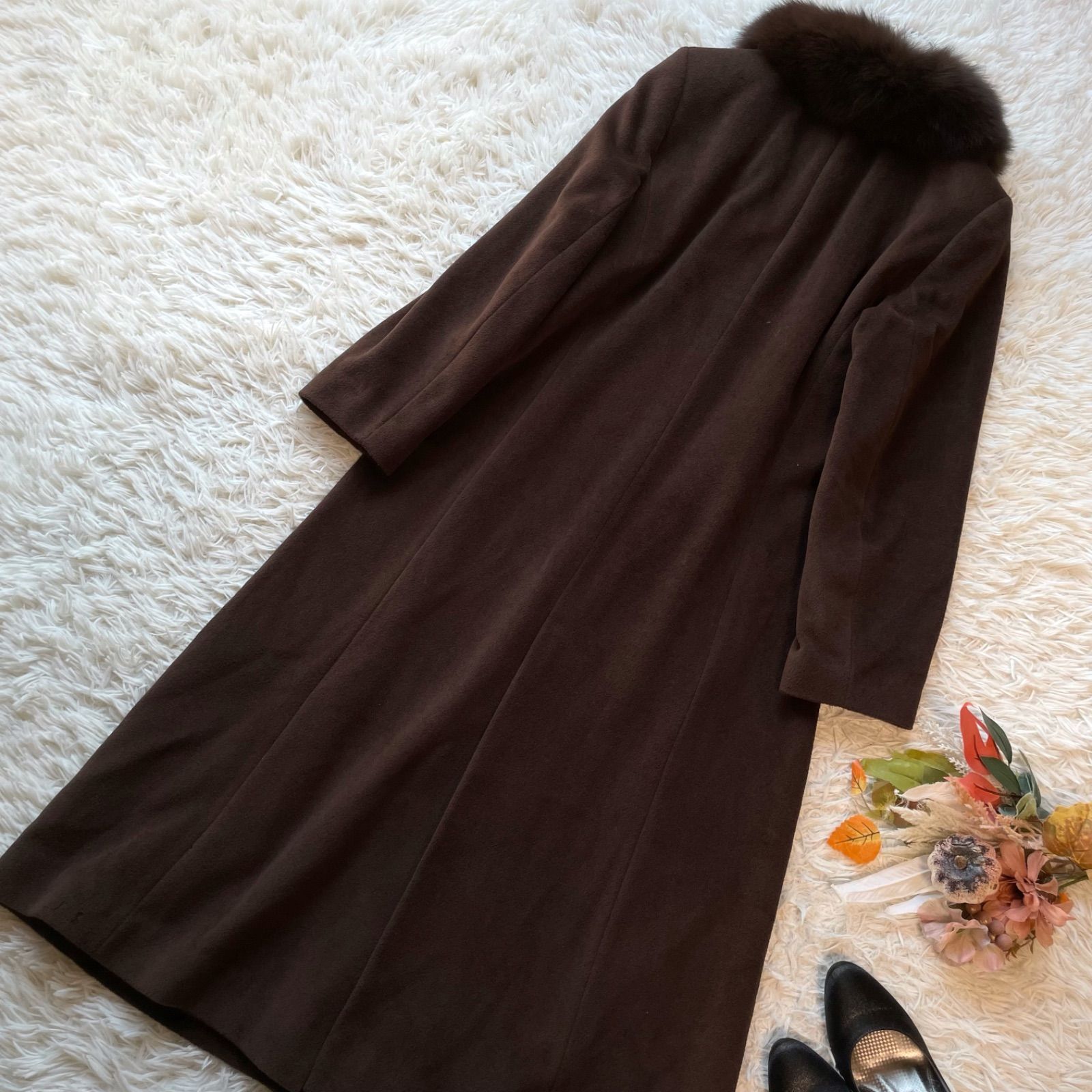 ヴィンテージ　アンゴラ　ブラウンファーコート ビーズ装飾付き フォックスファー付き2wayロングステンカラーコート アンゴラ ウール