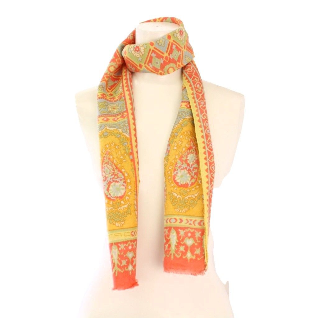 【中古】エトロ ETRO スカーフ ストール フリンジ ペイズリー柄 ウール シルク混 黒 ブラック 黄 イエロー /AE エトロ ETRO ストール フリンジ ペイズリー柄 ウール シルク混 総柄