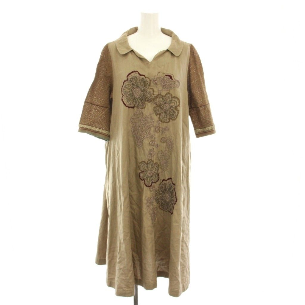フーガ FUGA ワンピース ロング オープンカラー 七分袖 刺繍 花柄 絹 シルク混 F ベージュ 茶 ブラウン YT